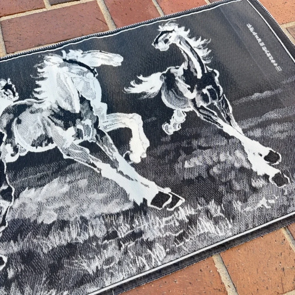 Vintage Chinese Woven Tapestry Galloping Horses Black White Wall Art 38x16
